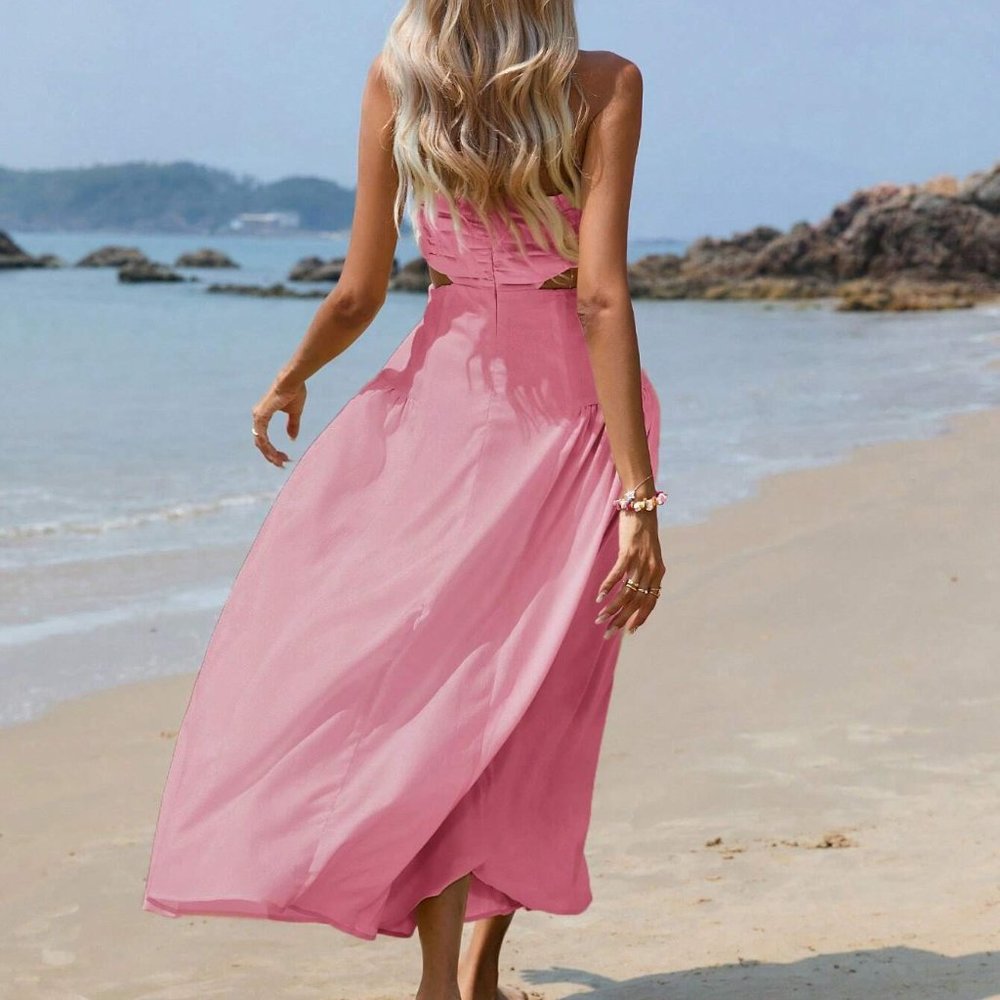 Pink Boho Womens Cut Out Waist Ruched Tube Dress - Picture 2 of 5